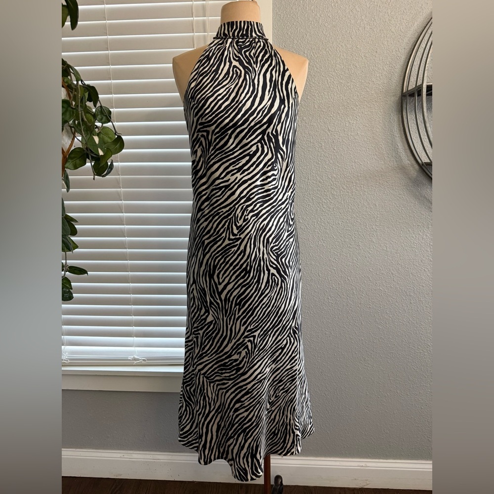 ABS Evening by Allen Schwartz Zebra Print Midi Dress Size 8 Embellished Neckline